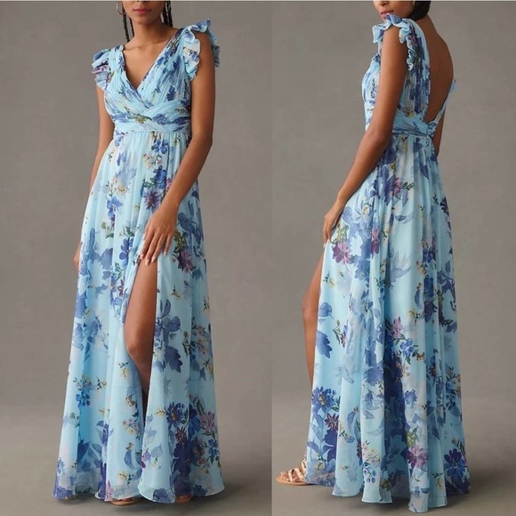 Mac Duggal Floral Print Flutter Sleeve Chiffon Gown Blue Multi Womens Size 6 NWT - Picture 1 of 12